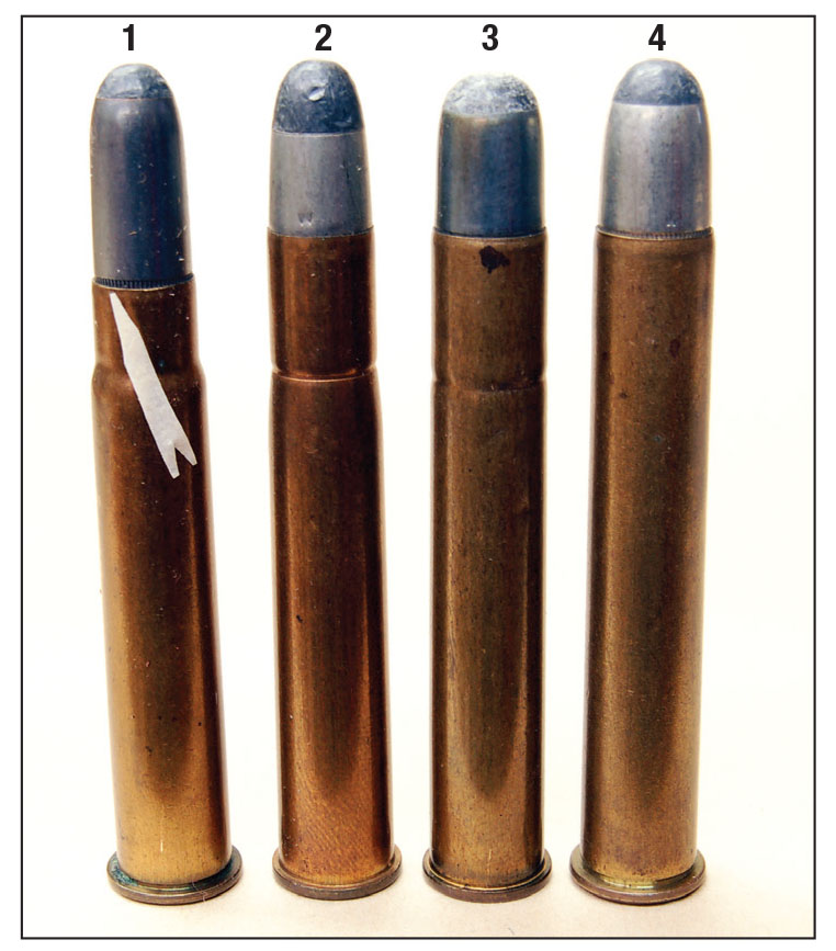 The (1) 35 Winchester is the same cartridge length as the (2) 38-72-275), (3) 40-72-330 and (4) 405 Winchester, but the case length is some .150-inch shorter (arrow).